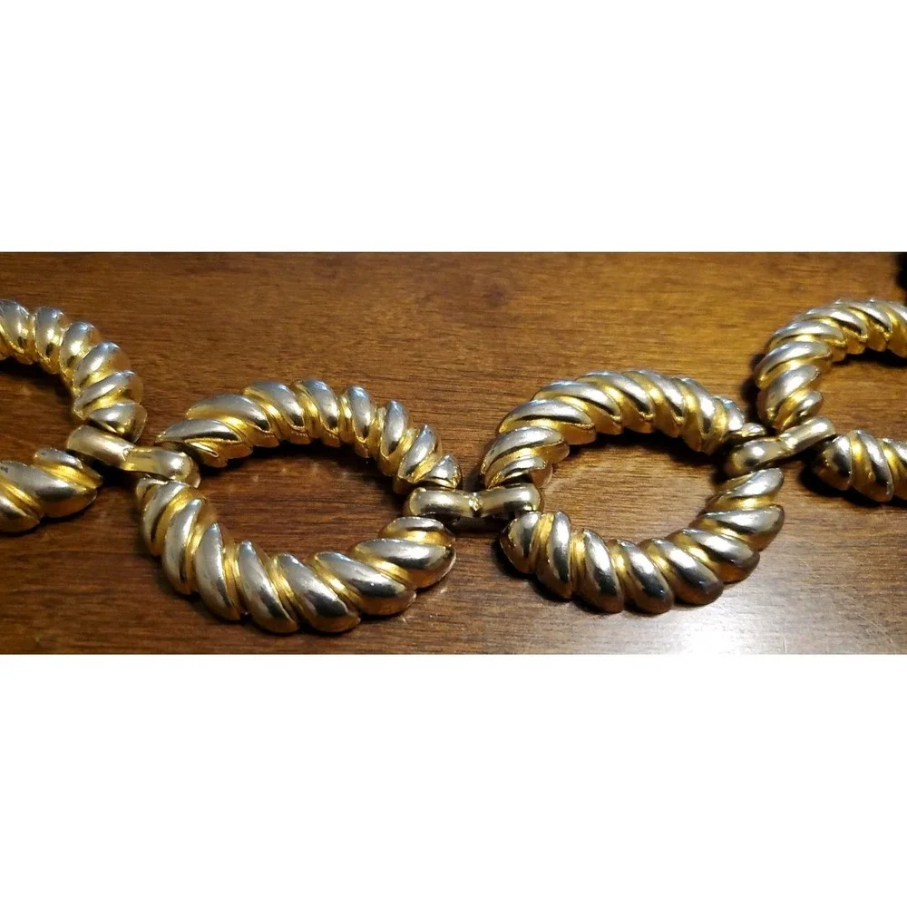 Vintage Womens Waist Belt Chunky Gold & Silver Tone Metal Ribbed Oval Link Chain